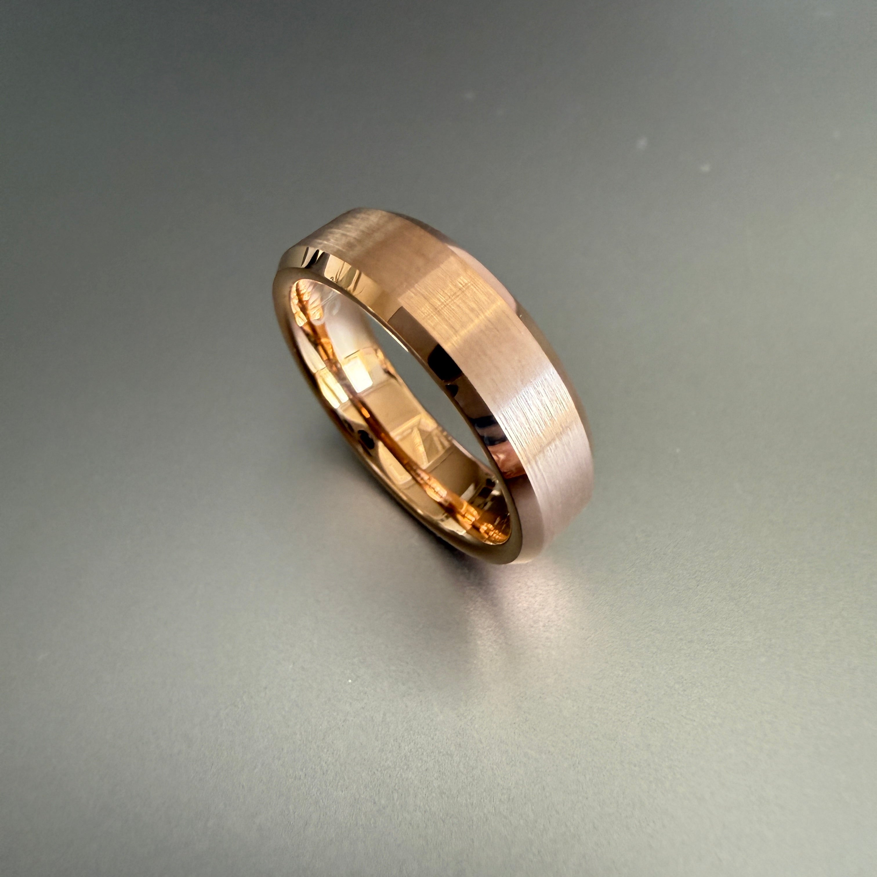 Men's Tungsten Ring - Brushed Rose Gold, Beveled, 6mm